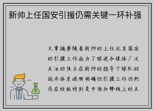 新帅上任国安引援仍需关键一环补强