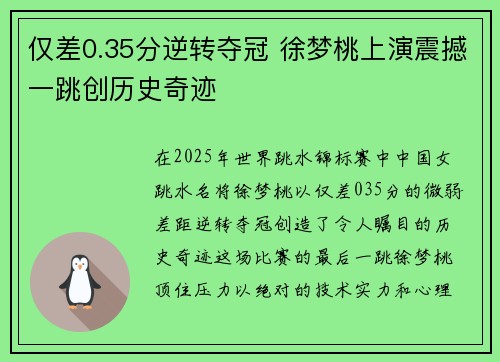 仅差0.35分逆转夺冠 徐梦桃上演震撼一跳创历史奇迹